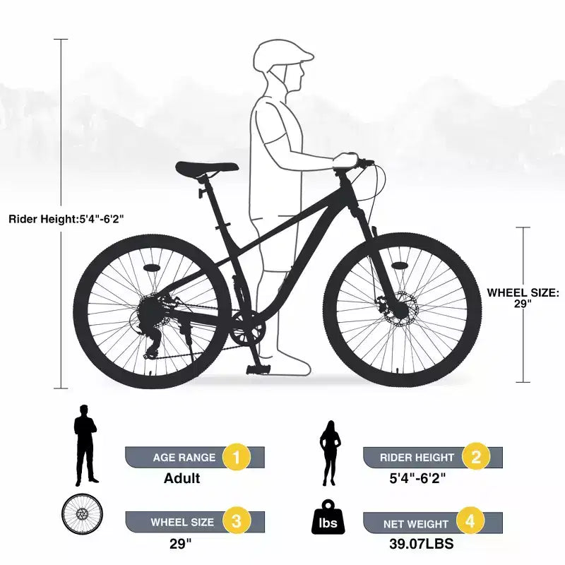 Mountain bike da 29 pollici, monomarcia/8 velocità, telaio in acciaio, forcella ammortizzata anteriore, bici con freno a disco per donna, uomo, adulto, multicolore