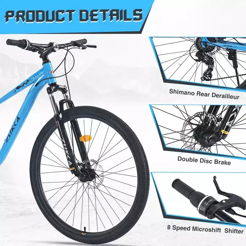 Mountain bike da 29 pollici, monomarcia/8 velocità, telaio in acciaio, forcella ammortizzata anteriore, bici con freno a disco per donna, uomo, adulto, multicolore