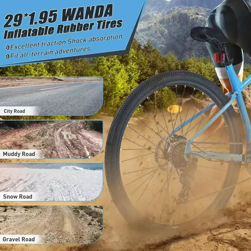 Mountain bike da 29 pollici, monomarcia/8 velocità, telaio in acciaio, forcella ammortizzata anteriore, bici con freno a disco per donna, uomo, adulto, multicolore