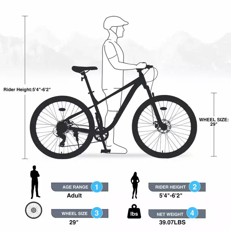 Mountain bike da 29 pollici, monomarcia/8 velocità, telaio in acciaio, forcella ammortizzata anteriore, bici con freno a disco per donna, uomo, adulto, multicolore