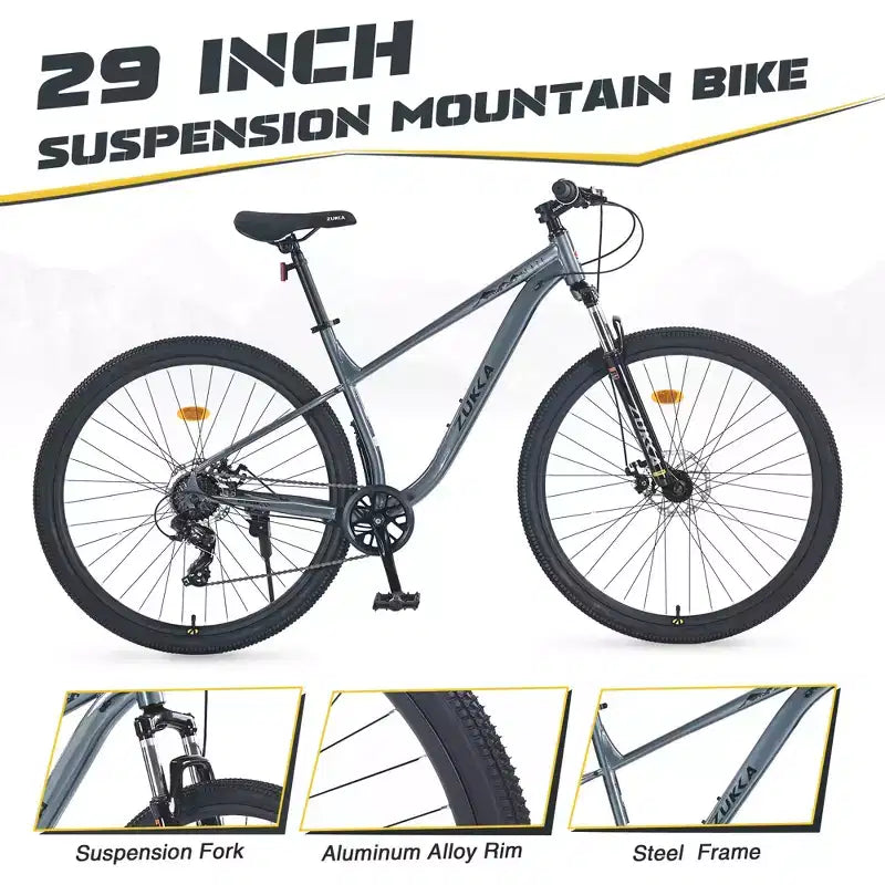 Mountain bike da 29 pollici, monomarcia/8 velocità, telaio in acciaio, forcella ammortizzata anteriore, bici con freno a disco per donna, uomo, adulto, multicolore