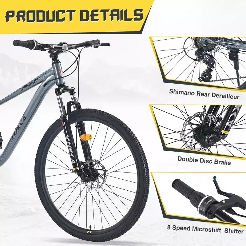 Mountain bike da 29 pollici, monomarcia/8 velocità, telaio in acciaio, forcella ammortizzata anteriore, bici con freno a disco per donna, uomo, adulto, multicolore