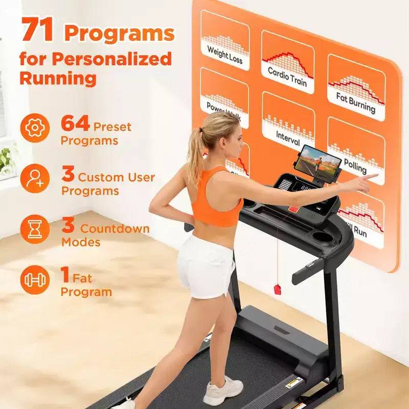 Tapis roulant da 3HP con capacità di 136 kg, 64+3+4 programmi, 3 livelli di inclinazione regolabili, pieghevole per corsa e jogging a casa, velocità di 16 km/h, altoparlanti Bluetooth HiFi