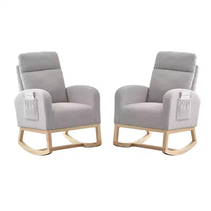 2 Pack Nursery Rocking Chairs with Solid Wood Legs, Glider Armchairs with Side Pocket, Upholstered Rockers for Living Room or Bedroom (Gray, Teddy)