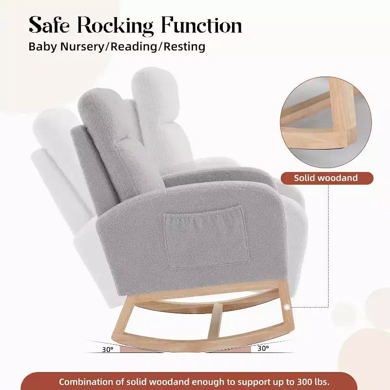 2 Pack Nursery Rocking Chairs with Solid Wood Legs, Glider Armchairs with Side Pocket, Upholstered Rockers for Living Room or Bedroom (Gray, Teddy)