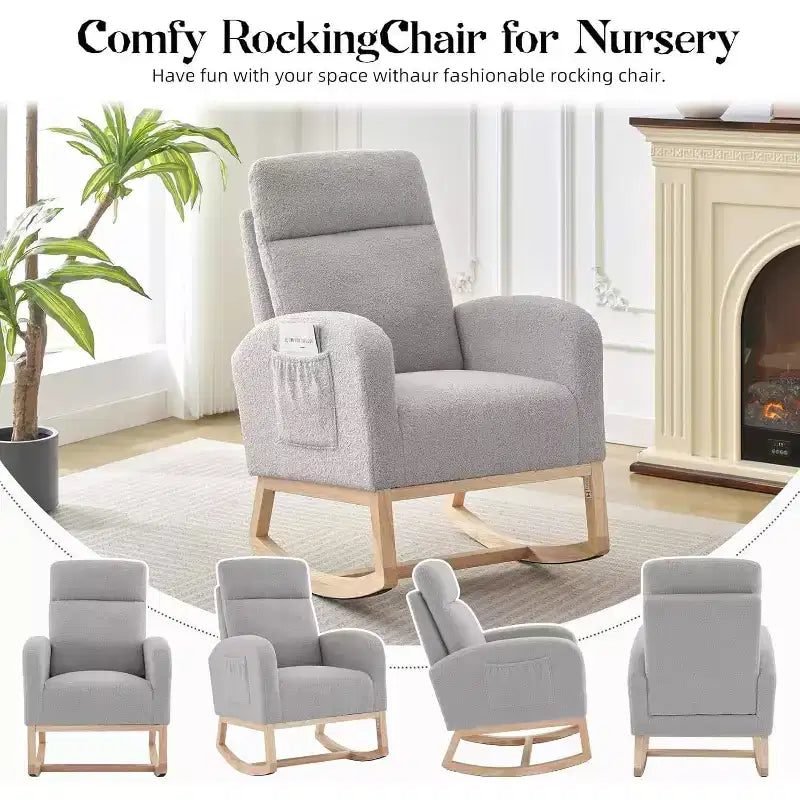2 Pack Nursery Rocking Chairs with Solid Wood Legs, Glider Armchairs with Side Pocket, Upholstered Rockers for Living Room or Bedroom (Gray, Teddy)