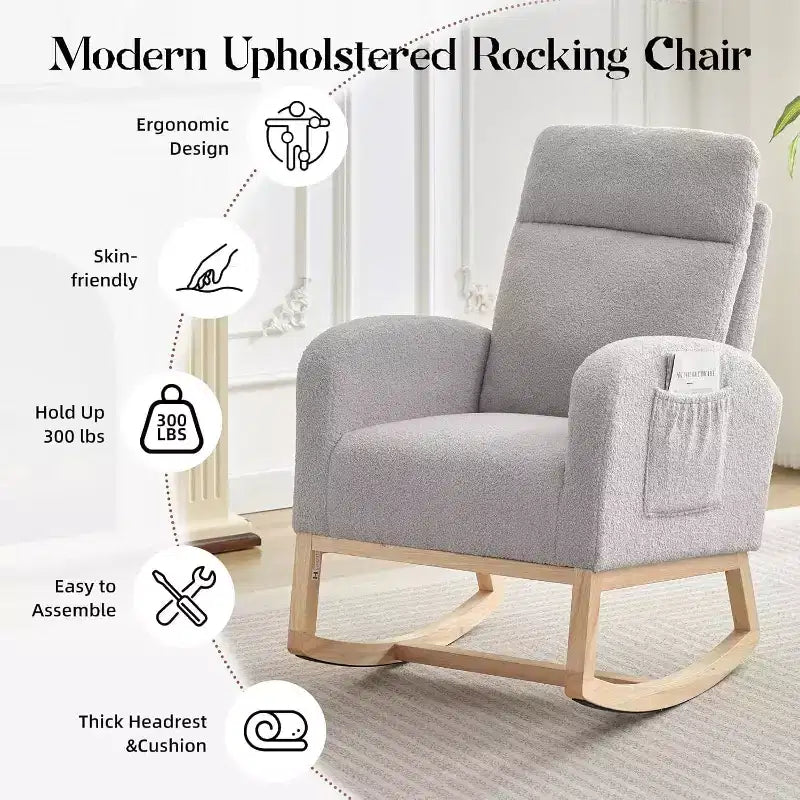 2 Pack Nursery Rocking Chairs with Solid Wood Legs, Glider Armchairs with Side Pocket, Upholstered Rockers for Living Room or Bedroom (Gray, Teddy)