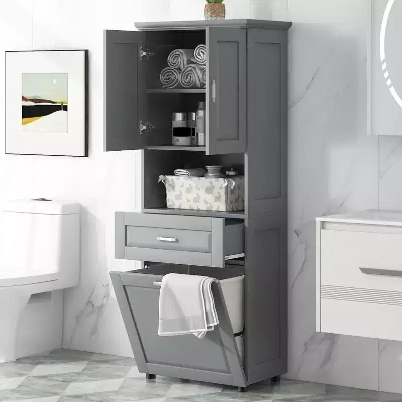 GDFStudio Nolan Armadietto verticale moderno in legno per bagno con cesto portabiancheria a scomparsa, mobiletto a doppia anta, ripiani superiori e cassetto