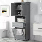GDFStudio Nolan Armadietto verticale moderno in legno per bagno con cesto portabiancheria a scomparsa, mobiletto a doppia anta, ripiani superiori e cassetto