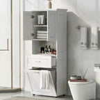 GDFStudio Nolan Armadietto verticale moderno in legno per bagno con cesto portabiancheria a scomparsa, mobiletto a doppia anta, ripiani superiori e cassetto