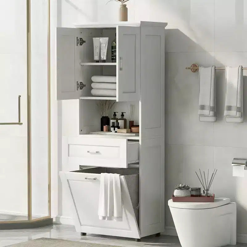 GDFStudio Nolan Armadietto verticale moderno in legno per bagno con cesto portabiancheria a scomparsa, mobiletto a doppia anta, ripiani superiori e cassetto