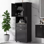 GDFStudio Nolan Armadietto verticale moderno in legno per bagno con cesto portabiancheria a scomparsa, mobiletto a doppia anta, ripiani superiori e cassetto