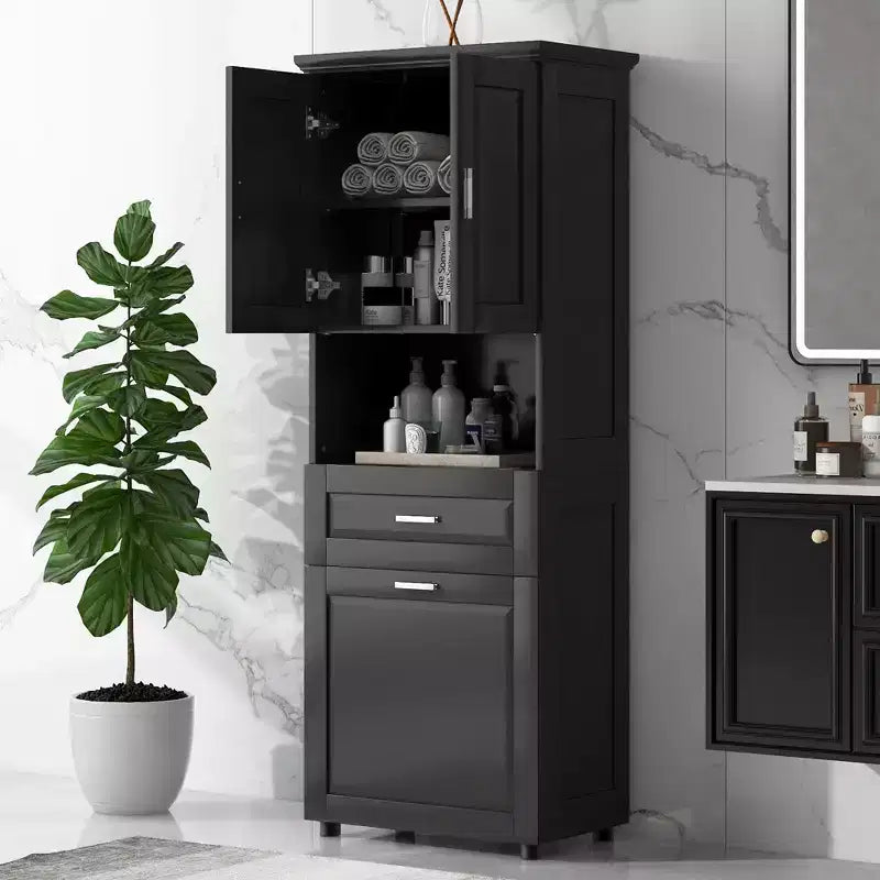 GDFStudio Nolan Armadietto verticale moderno in legno per bagno con cesto portabiancheria a scomparsa, mobiletto a doppia anta, ripiani superiori e cassetto