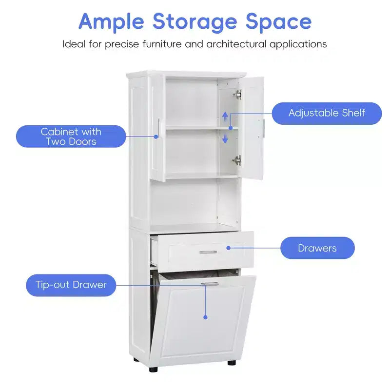 GDFStudio Nolan Armadietto verticale moderno in legno per bagno con cesto portabiancheria a scomparsa, mobiletto a doppia anta, ripiani superiori e cassetto