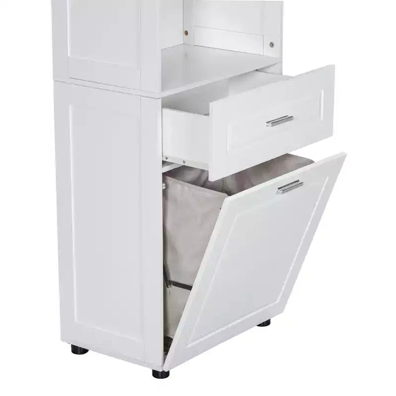 GDFStudio Nolan Armadietto verticale moderno in legno per bagno con cesto portabiancheria a scomparsa, mobiletto a doppia anta, ripiani superiori e cassetto