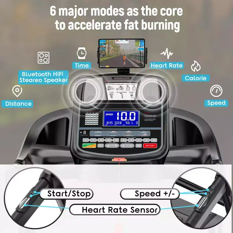 Tapis Roulant Inclinabile Pieghevole da 4,8 CV per Uso Domestico con 64 Programmi Preimpostati, Controllo APP, 19 km/h, Altoparlanti Bluetooth