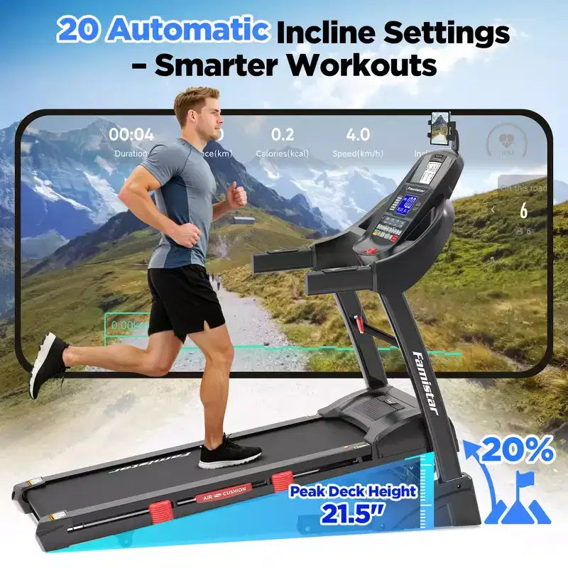Tapis roulant pieghevole da 5.0HP per casa con 20 livelli di inclinazione automatica, APP intelligente, 300 libbre, altoparlanti Bluetooth HiFi, 64 programmi, velocità 12MPH, macchina da corsa pieghevole