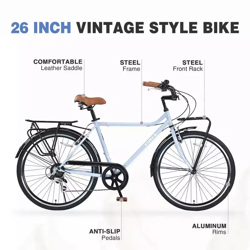 Bicicletta Cruiser Vintage da 24/26 Pollici per Uomini e Donne, Bici da Pendolare da Città a Velocità Singola/7 con Portapacchi Posteriore, Colori Multipli