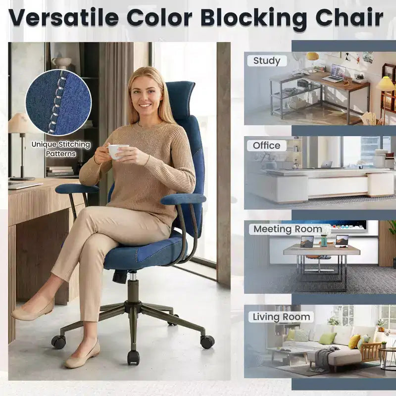 Sedia da ufficio ergonomica Costway con poggiatesta 2D, schienale basculante e ruote, sedia da gaming blu/marrone e beige/grigio e blu