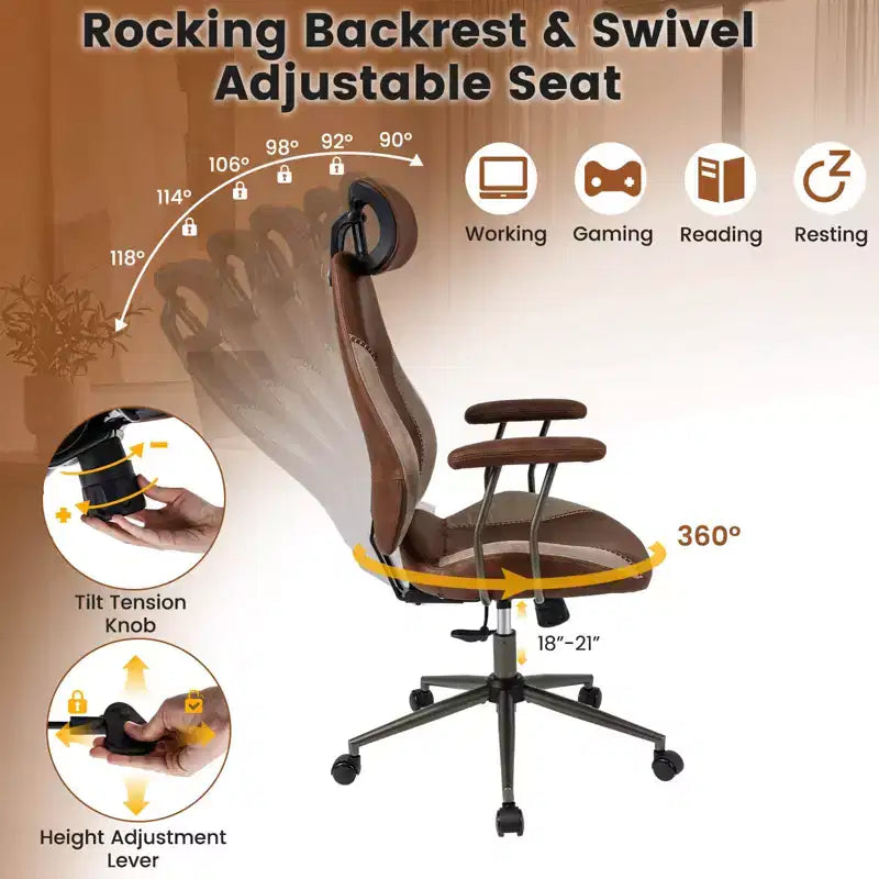 Sedia da ufficio ergonomica Costway con poggiatesta 2D, schienale basculante e ruote, sedia da gaming blu/marrone e beige/grigio e blu