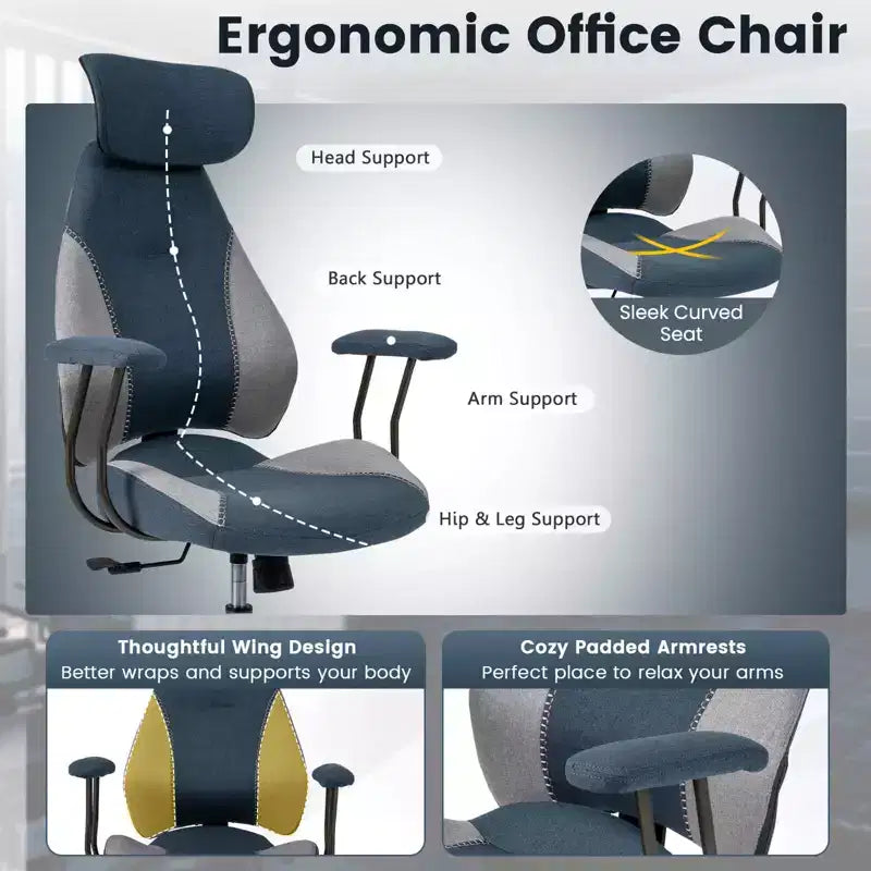 Sedia da ufficio ergonomica Costway con poggiatesta 2D, schienale basculante e ruote, sedia da gaming blu/marrone e beige/grigio e blu