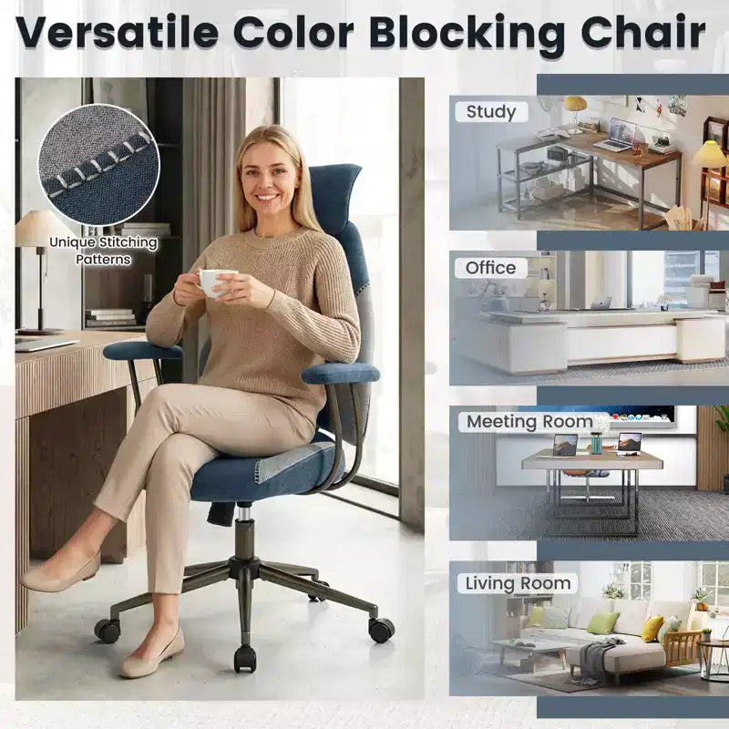 Sedia da ufficio ergonomica Costway con poggiatesta 2D, schienale basculante e ruote, sedia da gaming blu/marrone e beige/grigio e blu
