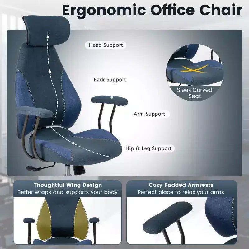 Sedia da ufficio ergonomica Costway con poggiatesta 2D, schienale basculante e ruote, sedia da gaming blu/marrone e beige/grigio e blu