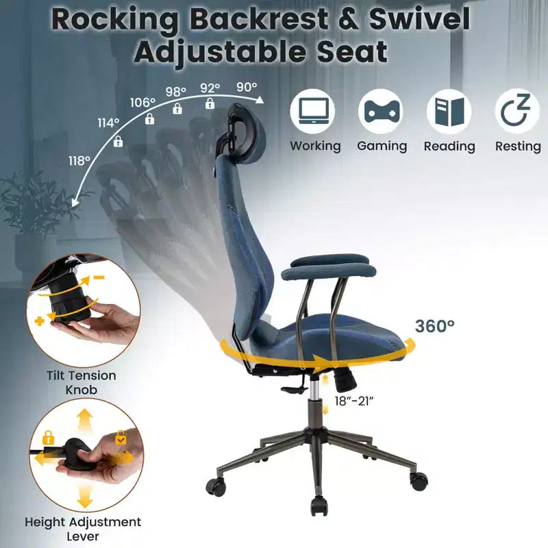 Sedia da ufficio ergonomica Costway con poggiatesta 2D, schienale basculante e ruote, sedia da gaming blu/marrone e beige/grigio e blu