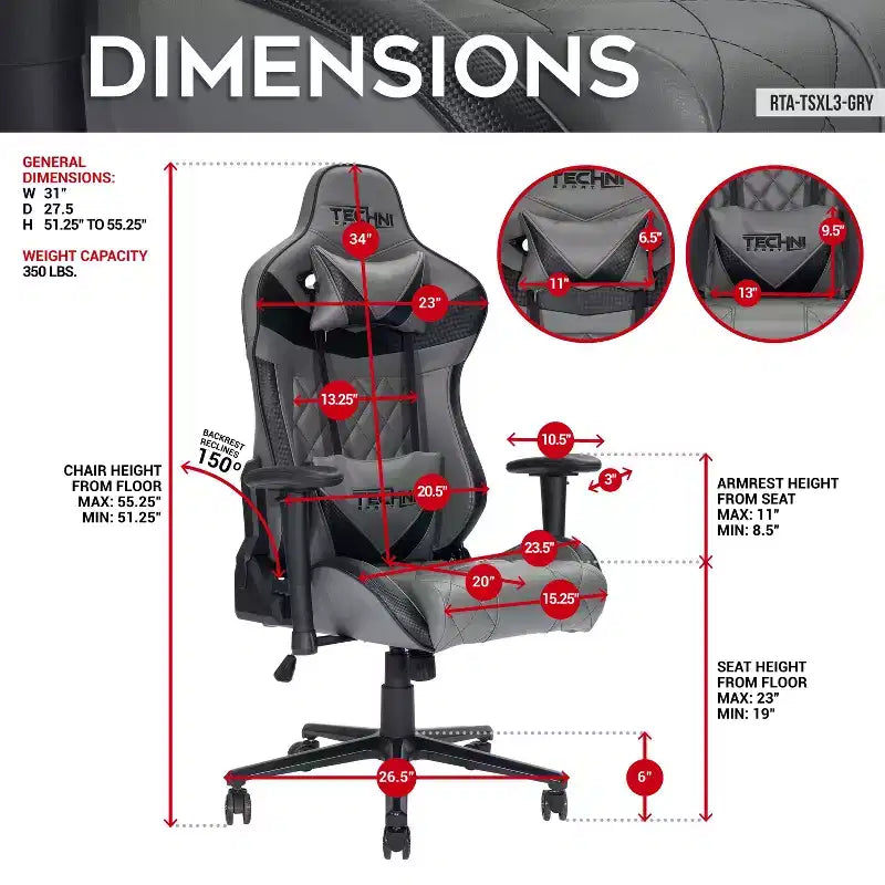 TUYOHW XL Sedia da Gaming Ergonomica, Sedia da Ufficio Girevole a 360° con Cuscino Lombare e Poggiatesta, Reclinabile 90-150° per Ufficio e Casa, Portata Massima 159 kg, Grigio