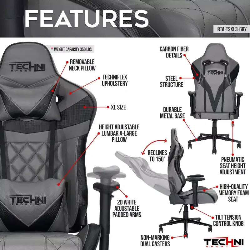 TUYOHW XL Sedia da Gaming Ergonomica, Sedia da Ufficio Girevole a 360° con Cuscino Lombare e Poggiatesta, Reclinabile 90-150° per Ufficio e Casa, Portata Massima 159 kg, Grigio