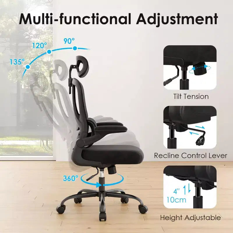 TUYOHW Sedia da ufficio ergonomica in rete con supporto lombare regolabile, poggiatesta e braccioli ribaltabili, sedia da scrivania per ufficio a casa per studio, sala giochi