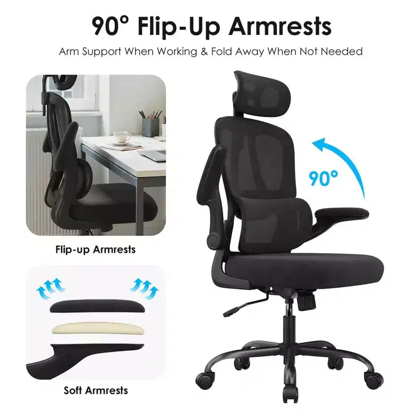TUYOHW Sedia da ufficio ergonomica in rete con supporto lombare regolabile, poggiatesta e braccioli ribaltabili, sedia da scrivania per ufficio a casa per studio, sala giochi