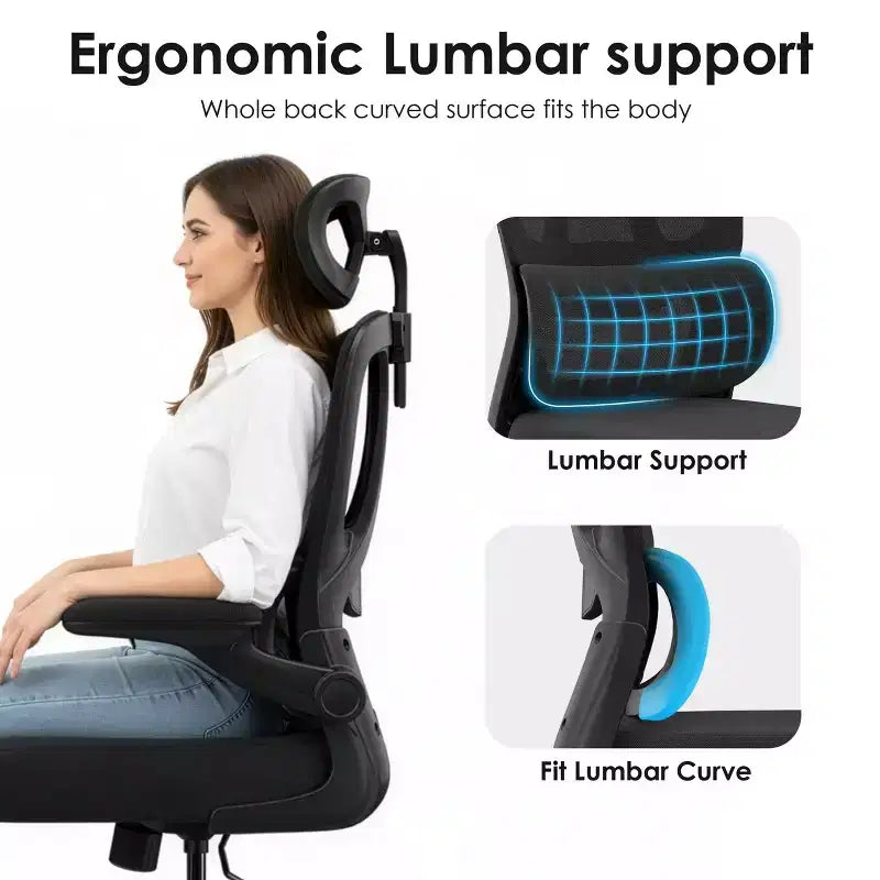 TUYOHW Sedia da ufficio ergonomica in rete con supporto lombare regolabile, poggiatesta e braccioli ribaltabili, sedia da scrivania per ufficio a casa per studio, sala giochi