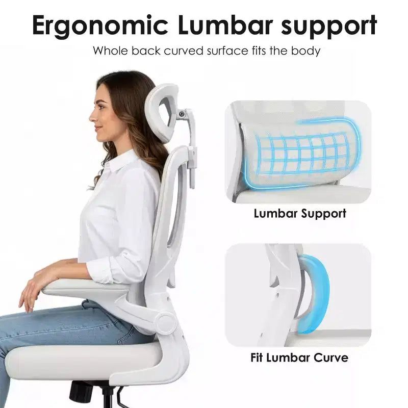 TUYOHW Sedia da ufficio ergonomica in rete con supporto lombare regolabile, poggiatesta e braccioli ribaltabili, sedia da scrivania per ufficio a casa per studio, sala giochi