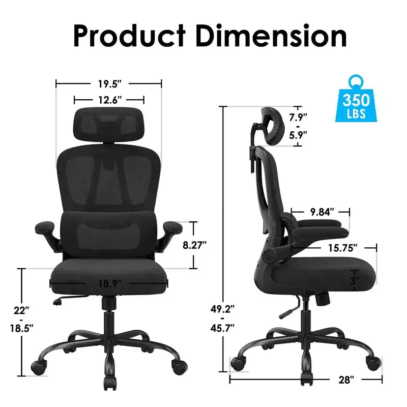 TUYOHW Sedia da ufficio ergonomica in rete con supporto lombare regolabile, poggiatesta e braccioli ribaltabili, sedia da scrivania per ufficio a casa per studio, sala giochi