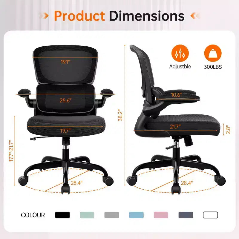 KERDOM Breathable Mesh Comfy Chair with Lumbar Support, with Flip-up Armrests, Gaming Chair for Home Office