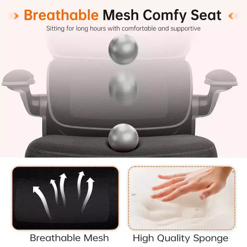 KERDOM Breathable Mesh Comfy Chair with Lumbar Support, with Flip-up Armrests, Gaming Chair for Home Office