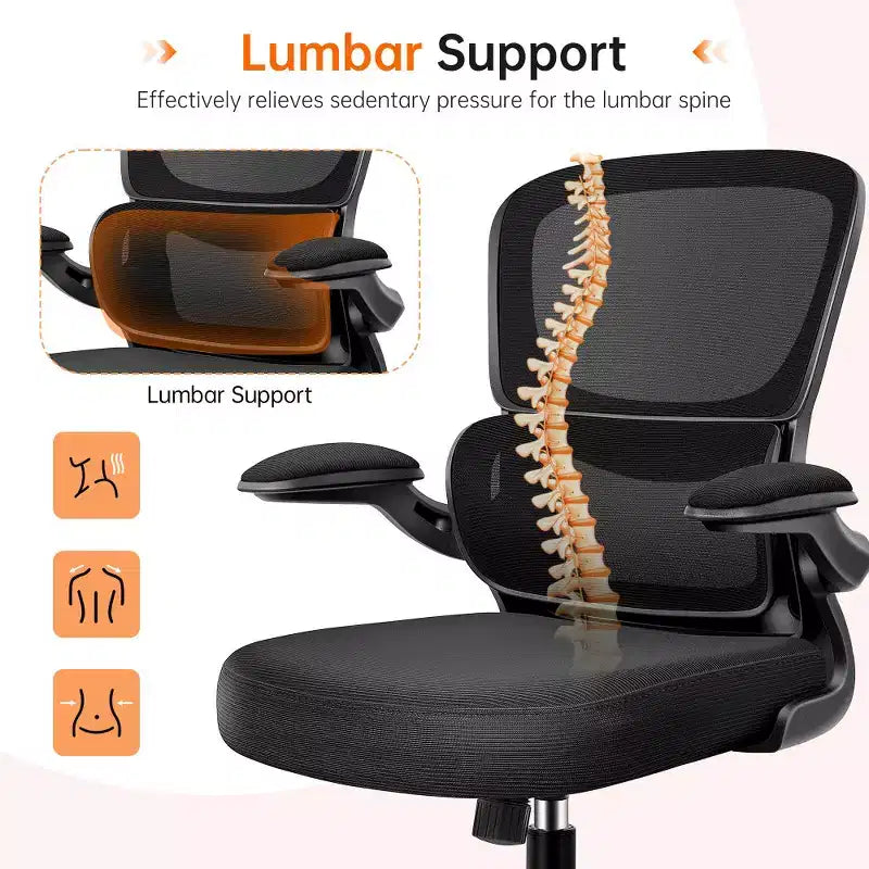 KERDOM Breathable Mesh Comfy Chair with Lumbar Support, with Flip-up Armrests, Gaming Chair for Home Office