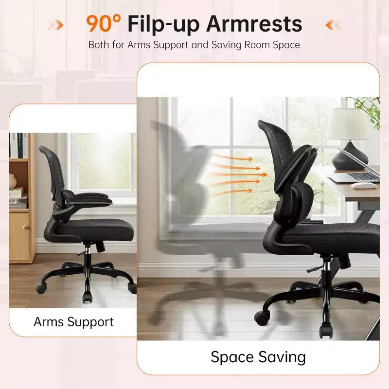 KERDOM Breathable Mesh Comfy Chair with Lumbar Support, with Flip-up Armrests, Gaming Chair for Home Office