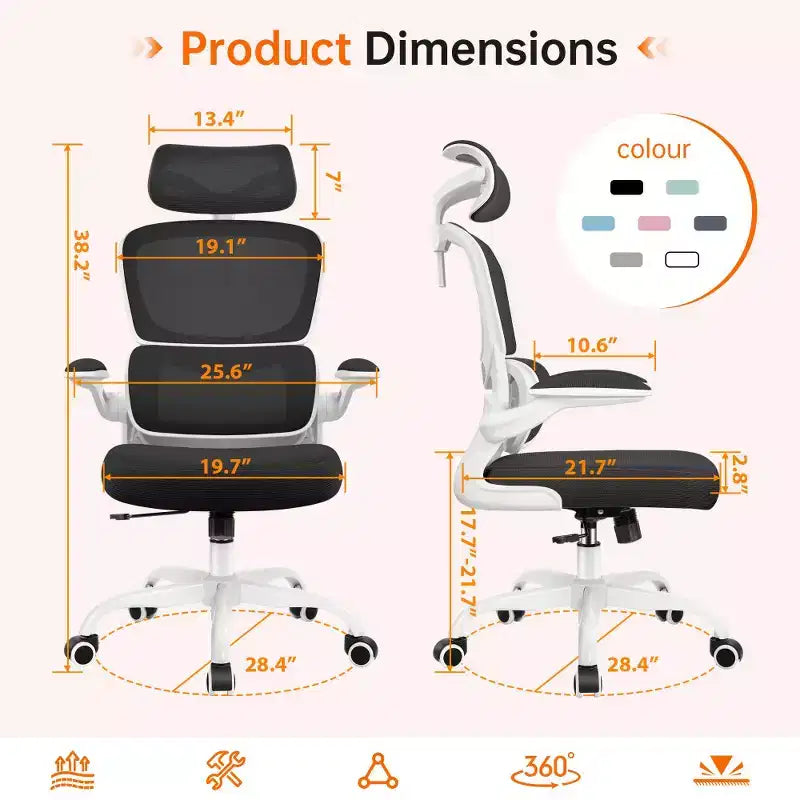 KERDOM Breathable Mesh Comfy Chair with Lumbar Support, with Flip-up Armrests, Gaming Chair for Home Office