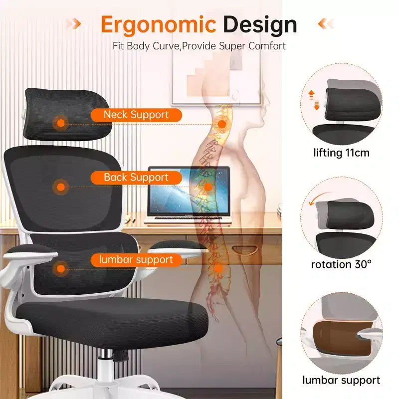 KERDOM Breathable Mesh Comfy Chair with Lumbar Support, with Flip-up Armrests, Gaming Chair for Home Office
