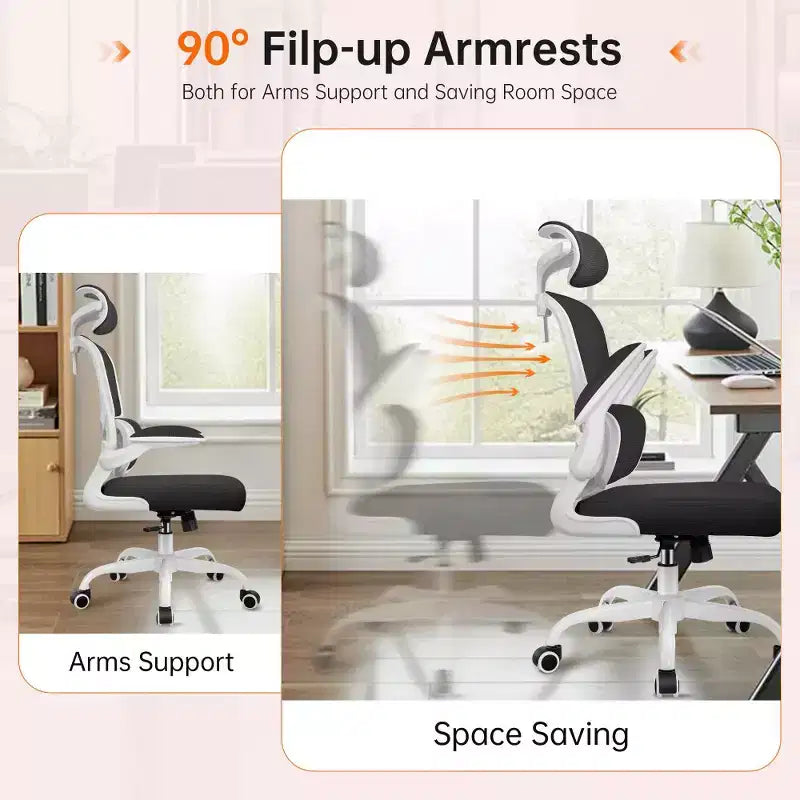 KERDOM Breathable Mesh Comfy Chair with Lumbar Support, with Flip-up Armrests, Gaming Chair for Home Office