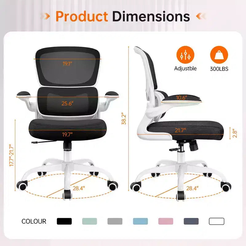 KERDOM Breathable Mesh Comfy Chair with Lumbar Support, with Flip-up Armrests, Gaming Chair for Home Office