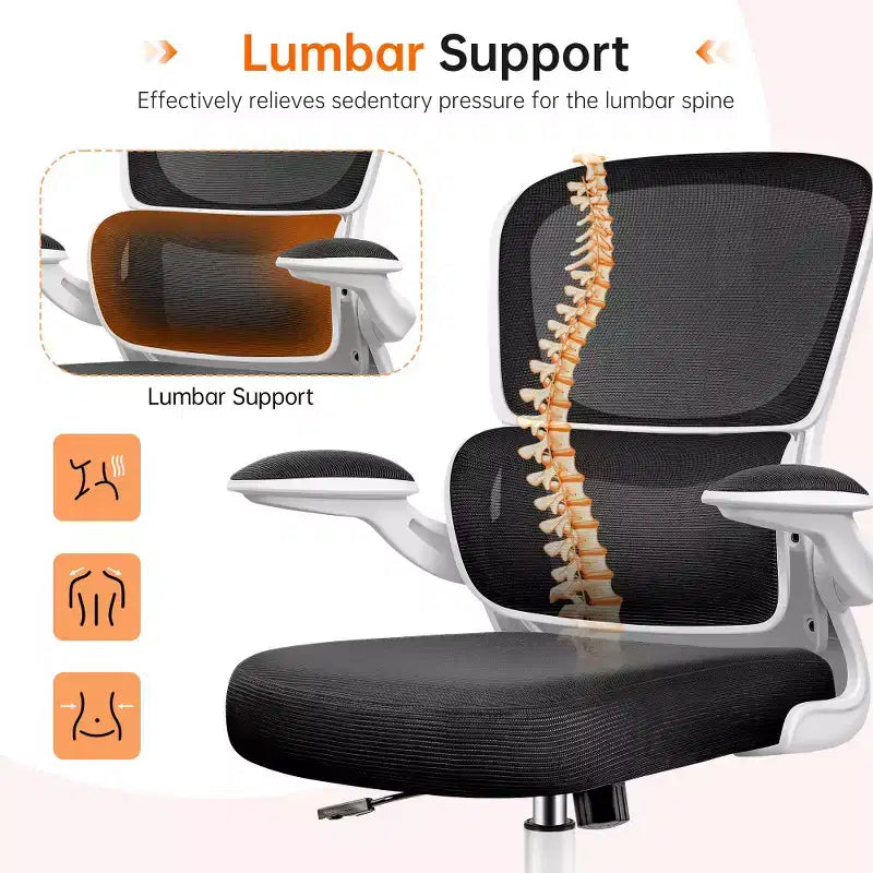 KERDOM Breathable Mesh Comfy Chair with Lumbar Support, with Flip-up Armrests, Gaming Chair for Home Office