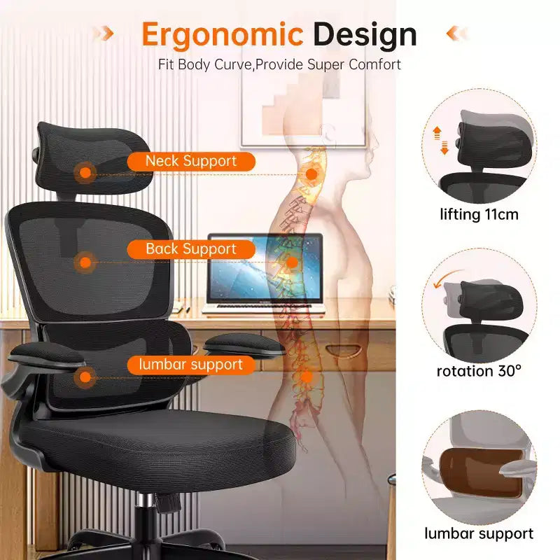 KERDOM Breathable Mesh Comfy Chair with Lumbar Support, with Flip-up Armrests, Gaming Chair for Home Office