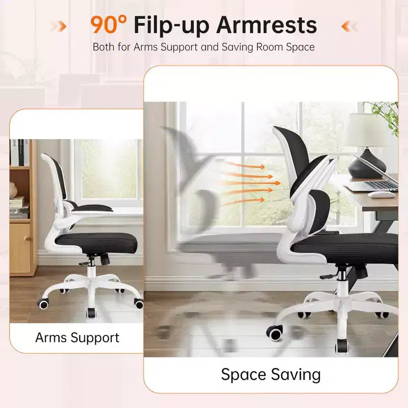 KERDOM Breathable Mesh Comfy Chair with Lumbar Support, with Flip-up Armrests, Gaming Chair for Home Office