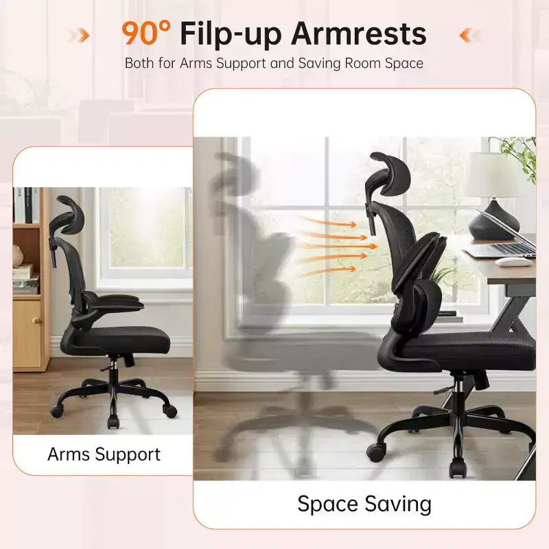 KERDOM Breathable Mesh Comfy Chair with Lumbar Support, with Flip-up Armrests, Gaming Chair for Home Office