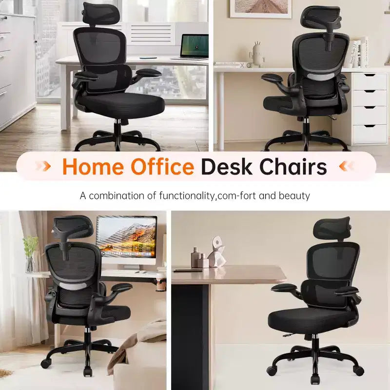 KERDOM Breathable Mesh Comfy Chair with Lumbar Support, with Flip-up Armrests, Gaming Chair for Home Office