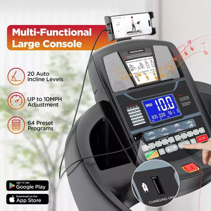 20% Auto Incline Treadmill 4.5HP, 300LB Treadmill for Home, Foldable Running Walking Machine w/ APP Control, 71 Programs, 12MPH, Bluetooth Speakers