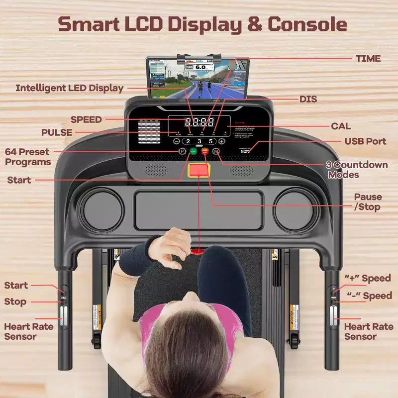 3.5HP Folding Treadmill for Home/Office, 3-Level Incline, 7.5 MPH,64 Programs, FREE Courses&APP Control, Heart Rate Monitor,Jogging walking treadmill